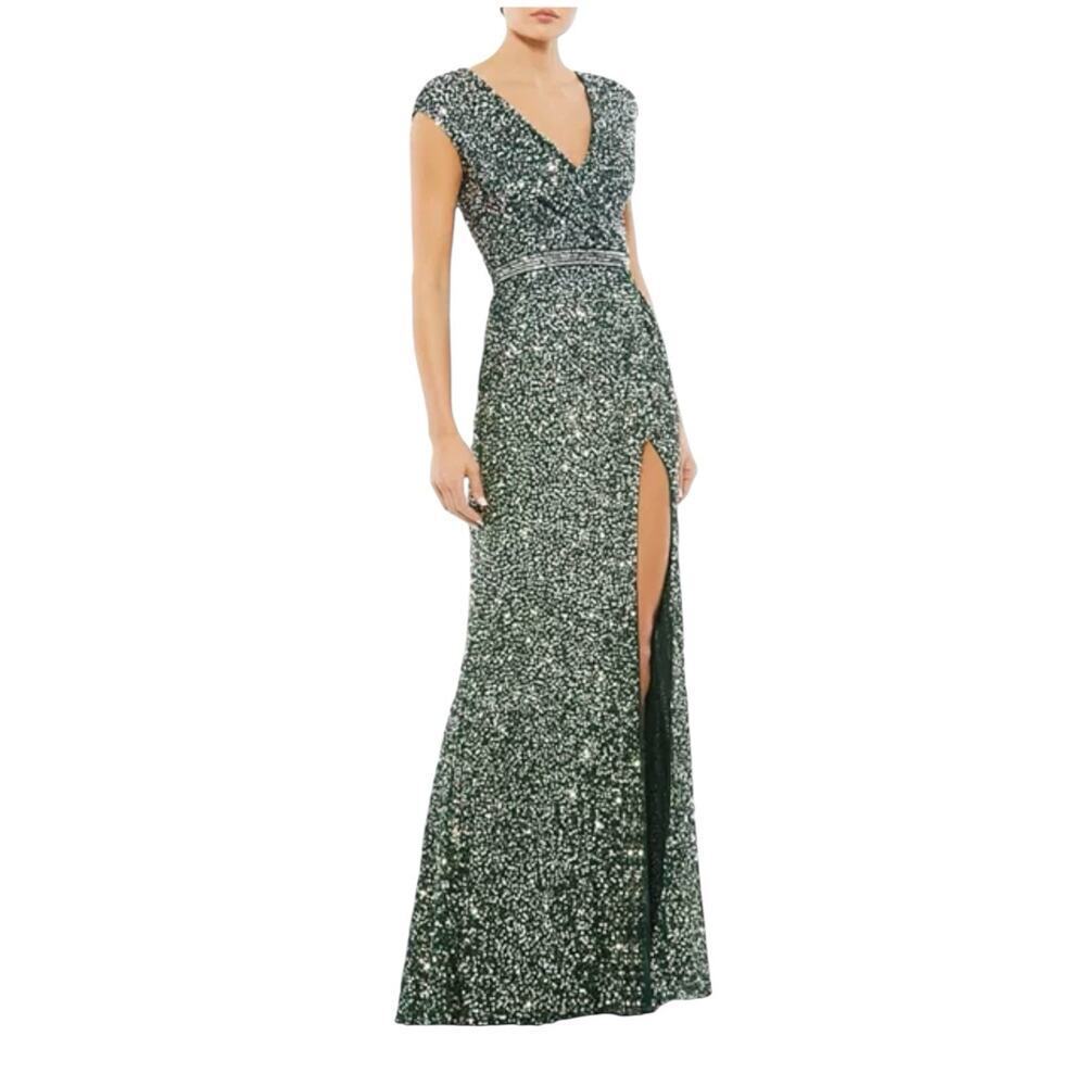 Mac Duggal 5489 Forest Green Cap Sleeve Sequin Gown Size 4 $398
